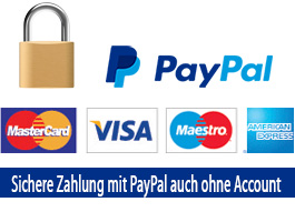 Sichere Zahlung mit PayPal auch ohne Account möglich. SSL Verschlüsselt